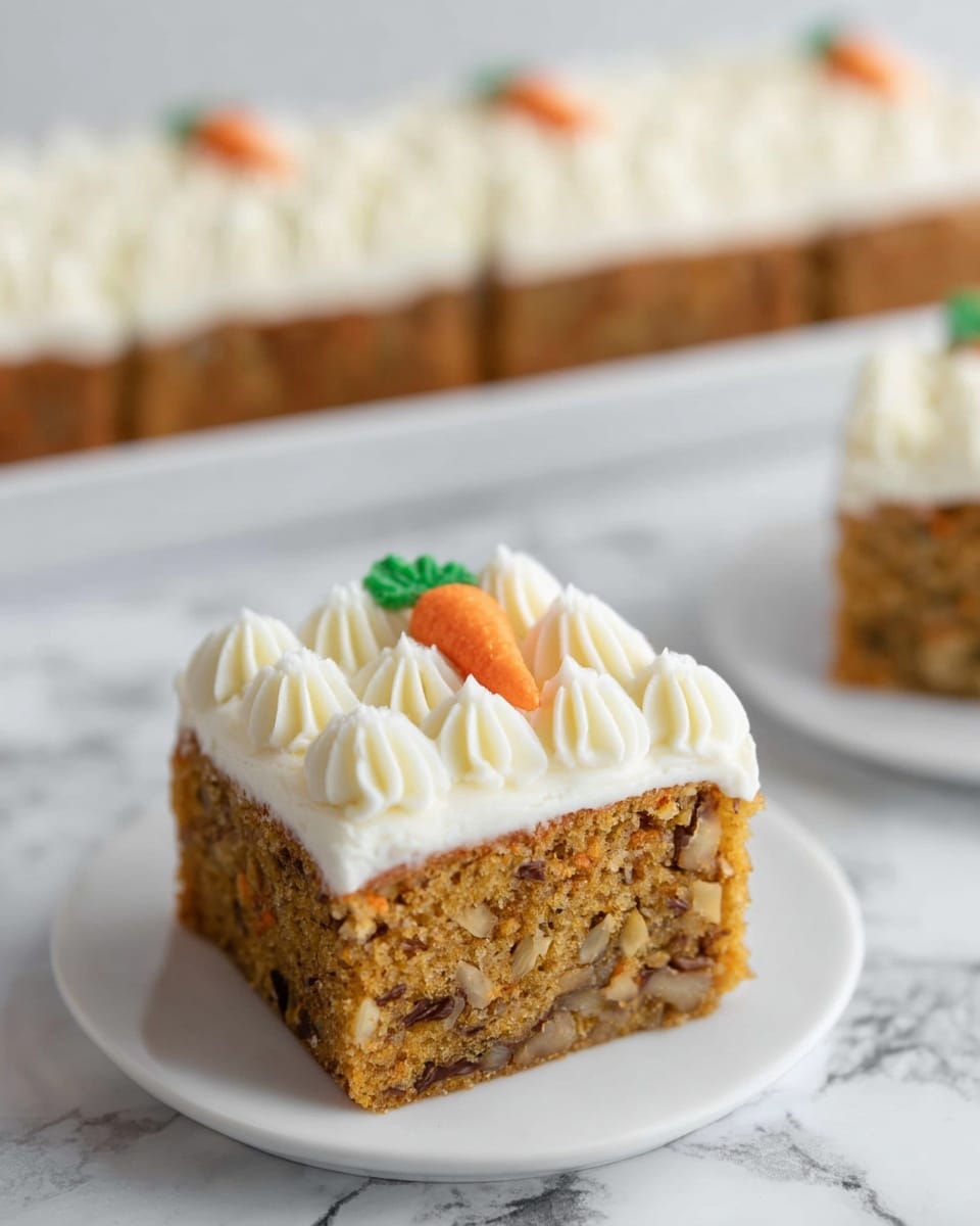 The image shows a square slice of carrot cake with two layers: the bottom layer is a moist, light brown cake with visible pieces of walnuts and orange carrot bits inside, and the top layer is a thick, white cream cheese frosting piped in small star shapes all over. On top of the frosting, there is a small, orange carrot decoration with two green leaves placed in the center. The slice is placed on a white plate set on a white marbled surface, with two more slices of the same cake blurred in the background on a long white dish. Photo taken with an iphone --ar 4:5 --v 7