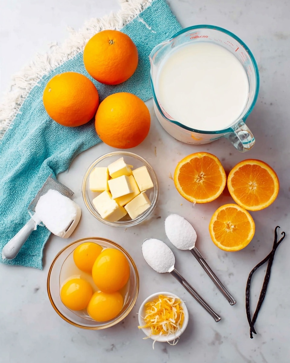 The image shows several ingredients neatly arranged on a white marbled surface, including six bright orange whole oranges and three orange halves showing juicy interiors. There is a large glass measuring cup filled with white milk on the top right, and below it, a clear glass bowl holding eight orange egg yolks. A small round bowl contains yellow cubes of butter. Two measuring spoons, one filled with white sugar and the other white powder, are placed side by side near the center. There is also a small dish with orange zest and a vanilla bean pod lying next to a white vanilla bean scraper. A light blue cloth with white trim is placed on the upper left side of the surface. Photo taken with an iphone --ar 4:5 --v 7