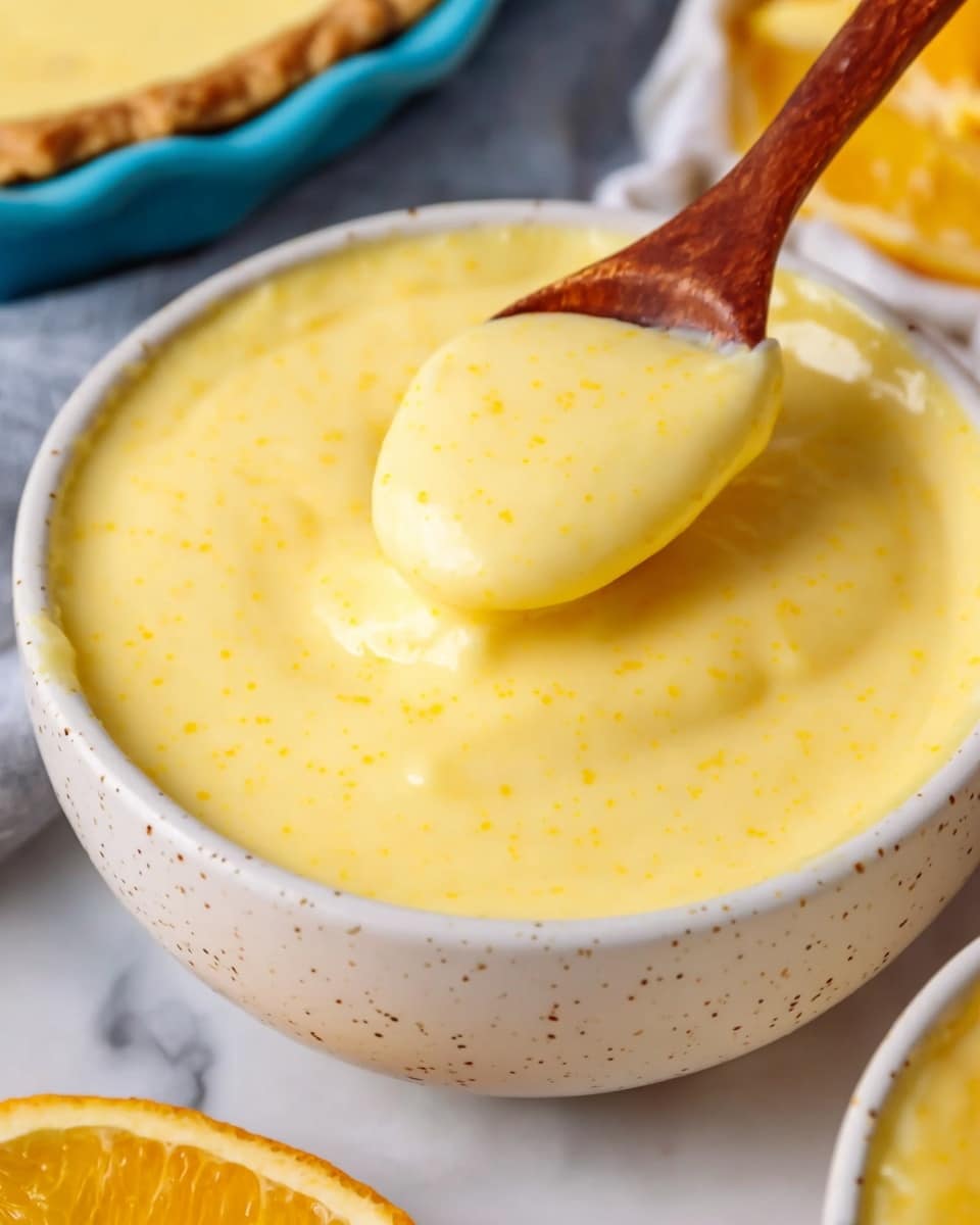 A close-up view showing one white bowl filled with thick, smooth, pale yellow creamy sauce with tiny black specks, the sauce is being lifted in a soft spiral with a wooden spoon from the bowl, a slightly out of focus white bowl with similar sauce and orange slices are visible in the blurred background, all placed on a white marbled surface. photo taken with an iphone --ar 4:5 --v 7