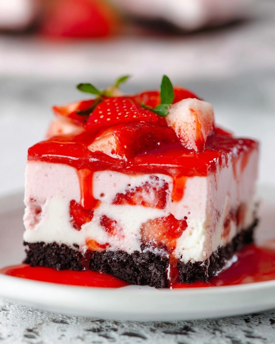 A square slice of strawberry cheesecake with three layers is shown on a white plate with a white marbled texture surface. The bottom layer is a dark chocolate cookie crust with a rough texture. The middle layer is thick and creamy pale pink cheesecake embedded with small pieces of strawberries inside. The top layer is a bright red strawberry sauce with fresh strawberry halves placed on top, some with green leaves visible. The strawberry sauce is dripping slightly over the sides, pooling on the plate. Photo taken with an iphone --ar 4:5 --v 7