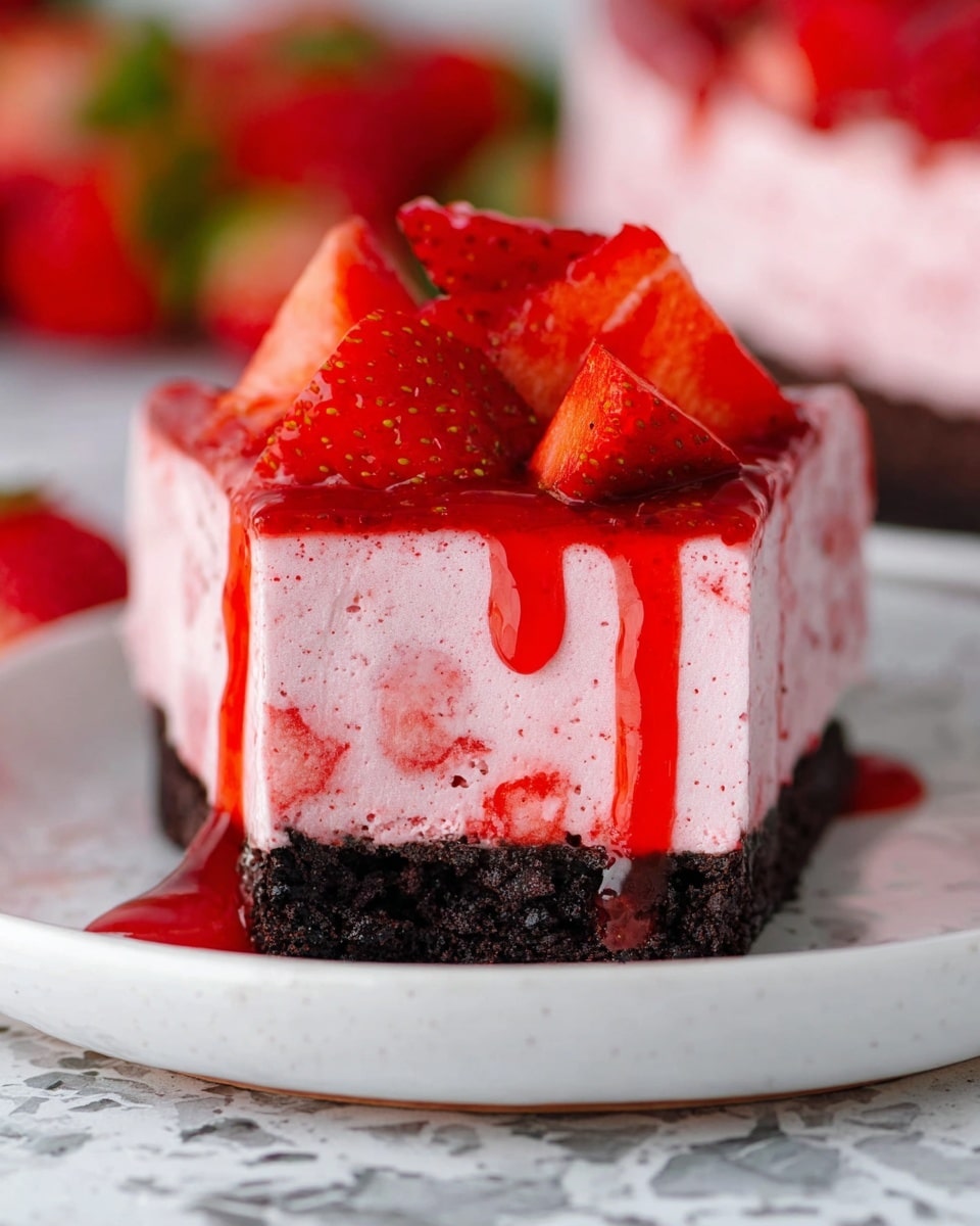 A slice of layered strawberry dessert is shown on a white plate with a white marbled surface below. The bottom layer is dark, crumbly chocolate crust. Above this is a thick pink strawberry mousse layer with bits of strawberries mixed inside. On top, there is a glossy red strawberry sauce dripping slightly down the sides. Fresh, bright red strawberry halves and pieces are placed on top as decoration. The background shows blurred strawberries. photo taken with an iphone --ar 4:5 --v 7