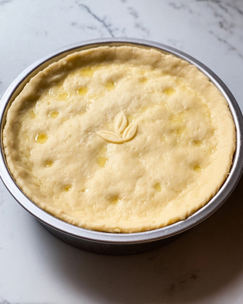 A round pie with a smooth, pale yellow dough top is fully covering its filling inside a silver baking pan. The top dough layer has small, shallow dimples and a simple leaf pattern etched in the center. There are small patches of melted butter spread unevenly across the dough surface, giving a slight glossy look. The pie rests on a flat, shiny baking tray. The background has a white marbled texture. photo taken with an iphone --ar 4:5 --v 7