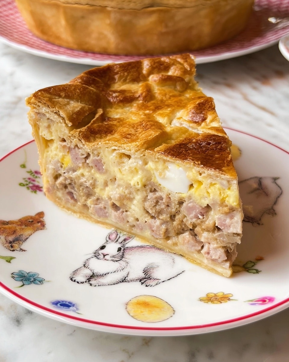 Four slices of a layered savory dish arranged in a fan shape on a white decorative plate. Each slice has visible layers of light golden crust on the top and bottom, with a filling made of chunks of light brown meat and pieces of soft white and yellow ingredients, creating a marbled look. The crust edges are slightly crisp and uneven. The plate sits on a cloth with a colorful pattern, atop a wooden surface. Photo taken with an iphone --ar 4:5 --v 7