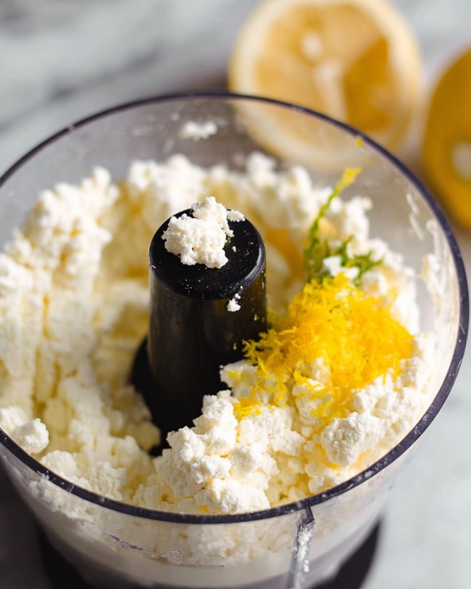 Inside a clear food processor bowl, there is one main layer of soft, crumbly white cheese filling most of the space, with a small pile of bright yellow lemon zest sitting on top near the edge. In the center, a black food processor blade spindle stands upright, with a bit of the white cheese stuck to its top and sides. The scene sits on a white marbled surface, and a sliced lemon is partly visible and blurred in the background. The photo taken with an iphone --ar 4:5 --v 7