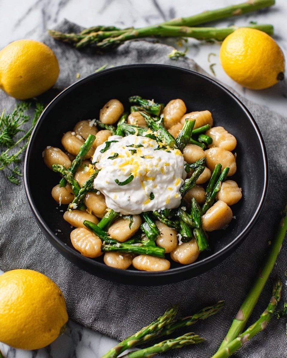A black bowl filled with golden-brown gnocchi and bright green asparagus pieces mixed together, topped with a thick dollop of white creamy cheese with small bits of yellow lemon zest on top. The bowl is placed on a grey cloth with fresh whole lemons and fresh asparagus scattered around it, all on a white marbled surface. photo taken with an iphone --ar 4:5 --v 7