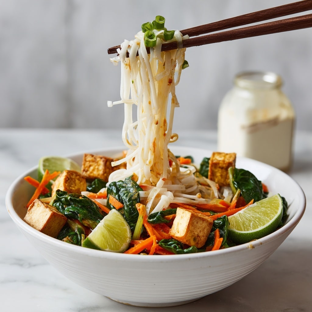 A bowl of thin white rice noodles forms the base layer, topped with bright green snap peas and broccoli florets scattered across. Cubes of golden brown tofu sit on top evenly in small chunks, mixed with shredded purple cabbage and thin carrot ribbons adding pops of color. Chopped leafy greens are spread throughout, and lime wedges rest on the noodles, adding freshness. A large silver spoon with an ornate handle is placed inside the white bowl, which sits on an orange cloth on a white marbled surface. Small red chili flakes and pale green chopped pieces are scattered around the bowl. Photo taken with an iphone --ar 4:5 --v 7