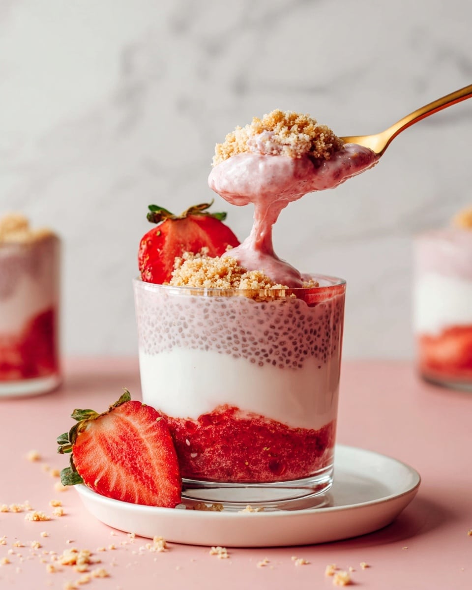 The image shows three clear cups with layers of a pinkish chia pudding mixed with red strawberry jelly, and white creamy yogurt, stacked alternately. The front cup has five visible layers starting with a red jelly base, then pale pink chia pudding, white yogurt, red jelly, and topped with a layer of chia pudding mixed with jelly. On top, there is crumbled biscuit and a fresh whole red strawberry with green leaves, along with a gold spoon inside the cup. Two other cups with similar layers are blurred in the background. The cups sit on white plates on a soft pink surface with biscuit crumbs scattered around, and the background is a white marbled texture photo taken with an iphone --ar 4:5 --v 7