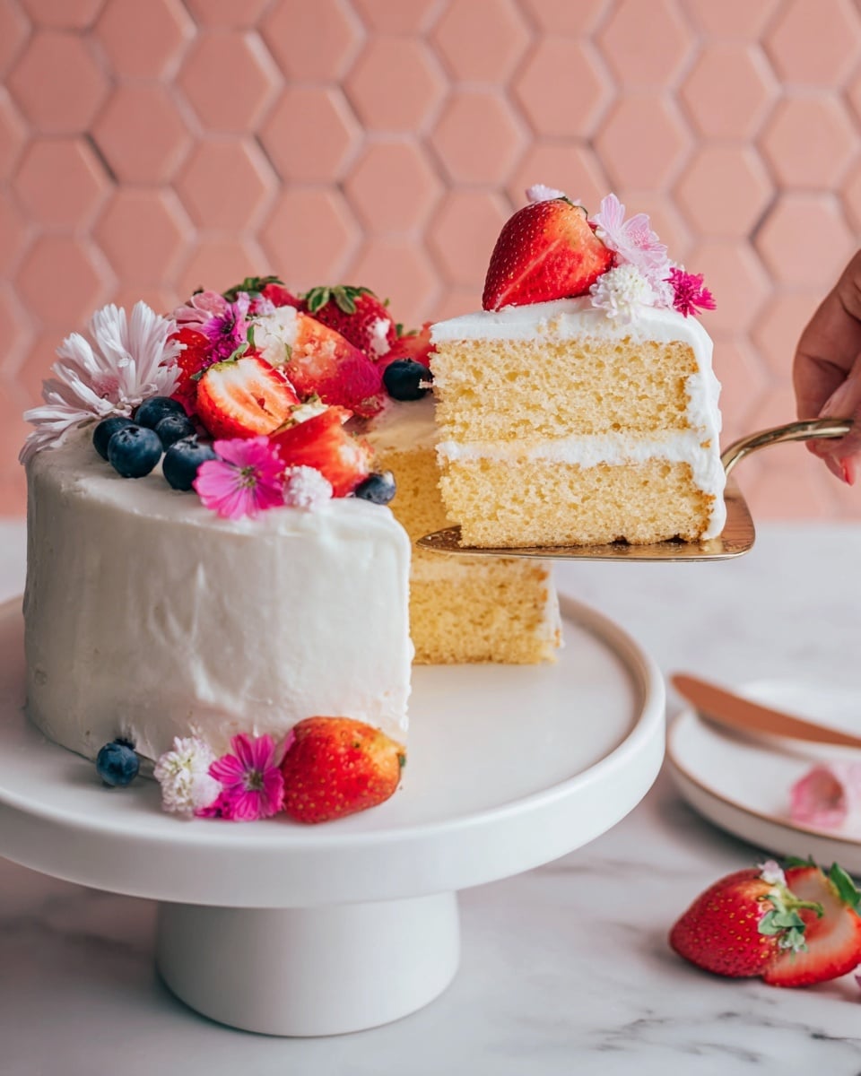 A two-layer light yellow cake with a smooth white cream layer in between sits on a white plate, with a few blueberries scattered around the plate and on top of the cake. On top, there is one fresh red strawberry with its green leaves, several small blueberries, and a vibrant pink rose with delicate petals and small water droplets. A gold spoon with a white handle is placed on the edge of the plate, and the background shows a soft pink hexagonal tile pattern with a blurred whole cake in the distance on a white marbled surface. photo taken with an iphone --ar 4:5 --v 7