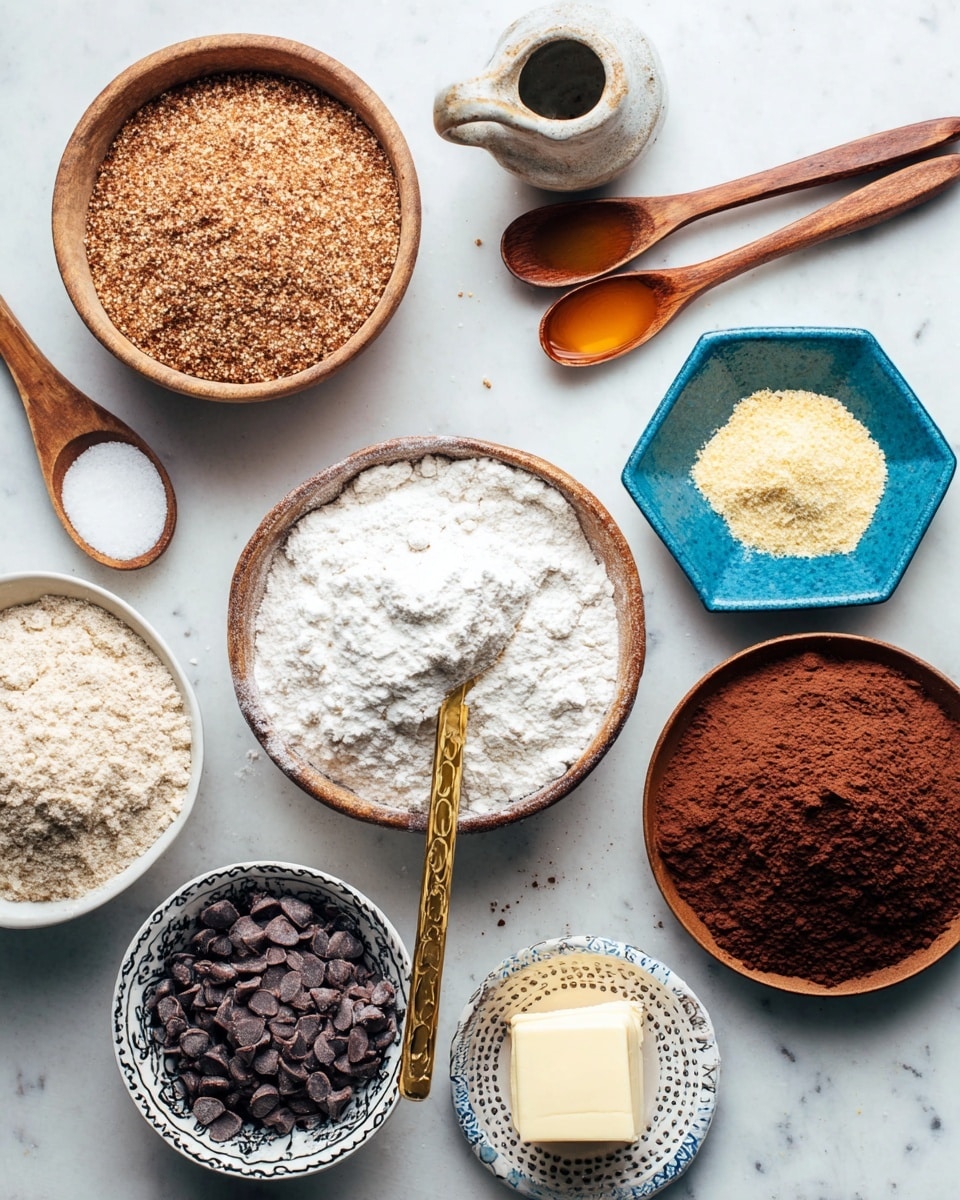 The image shows a white marbled surface with several small bowls and wooden spoons filled with different baking ingredients. In the center, there is a round bowl filled with white flour and a golden spoon resting inside. To the right, a blue hexagon-shaped bowl is filled with light yellow almond flour, and next to it, a brown round bowl holds a fine brown sugar layer. On the left, a wooden bowl with a handle contains coarse light brown flaxseed meal. Below it, a white bowl with black patterns is full of dark brown chocolate chips. There is a small square portion of pale butter on a small white dish with blue patterns. Above the flour, a small pottery jug sits empty. Two wooden spoons are placed horizontally at the top, one holding coarse white salt, and the other a smooth amber liquid. Photo taken with an iphone --ar 4:5 --v 7