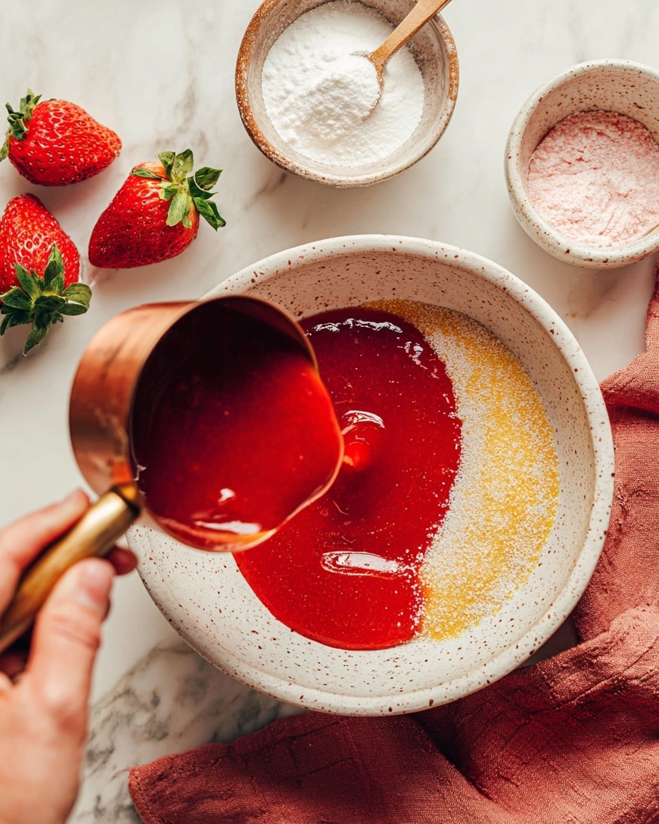 A white speckled bowl contains three layers being mixed: at the bottom, a yellowish granulated sugar layer, topped with a glossy, thick, bright red liquid sauce being poured from a copper measuring cup. Around the bowl, there are small white bowls filled with white powder and yellowish powder, plus two fresh red strawberries on a white marbled surface. A woman's hand holds a wooden-handled spoon stirring the sauce. A reddish cloth lies under the bowl. Photo taken with an iphone --ar 4:5 --v 7