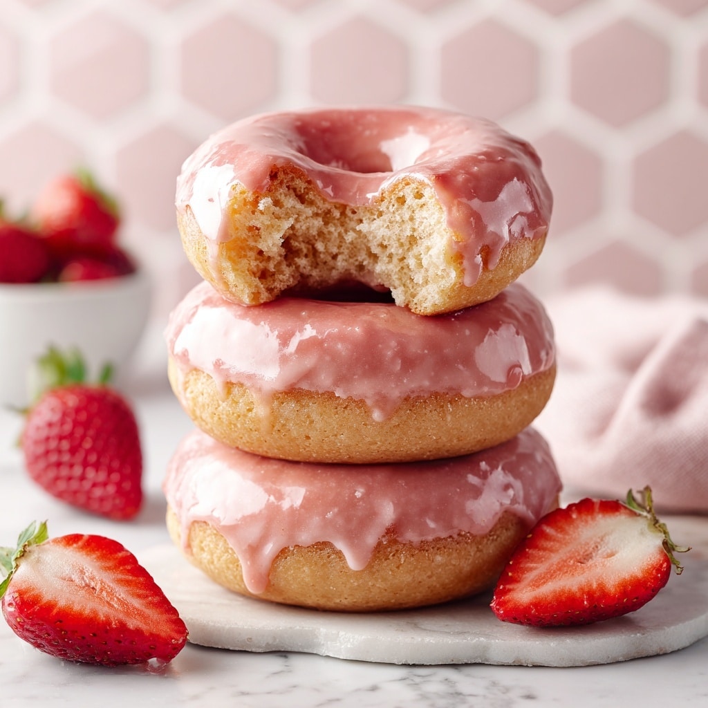 The image shows a stack of three round donuts with a light brown base and a shiny pink glaze on top. One donut is held above the stack by a woman's hand with rings, with a bite taken out showing the soft, crumbly inside. Around the stack, there are fresh cut strawberry pieces scattered on a white marbled surface. The background has a soft pink hexagonal tile pattern, and a light pink cloth is partially visible on the bottom right. photo taken with an iphone --ar 4:5 --v 7