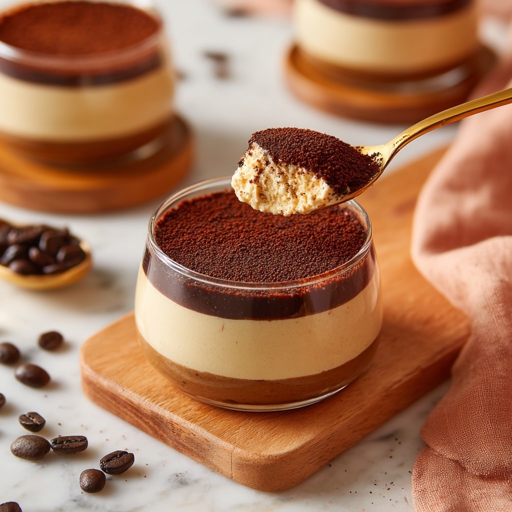 The image shows three clear glass cups of dessert with two layers: a creamy light beige bottom layer and a dark chocolate top layer dusted with cocoa powder. One cup in the foreground has a bite taken out, revealing the smooth creamy inside under the chocolate. The cups are placed on a white plate with a soft pink tint, and a long gold spoon rests nearby. In the background, there is a white plate with dark chocolate chunks and a red bowl filled with cocoa powder. Coffee beans are scattered on the white marbled surface around the cups photo taken with an iphone --ar 4:5 --v 7
