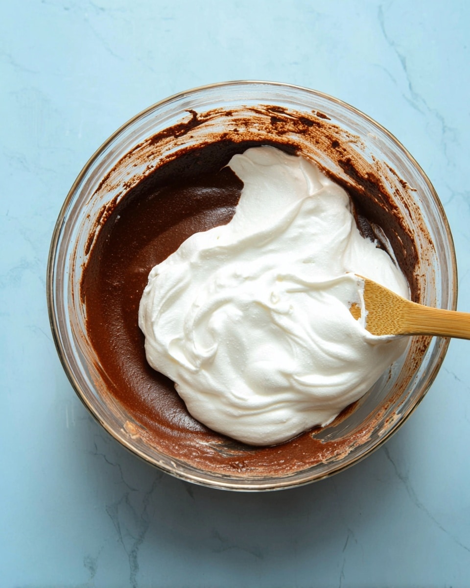 A clear glass bowl sits on a white marbled surface filled halfway with dark brown chocolate mixture that has a smooth yet slightly thick texture. On top rests a thick layer of white foamy egg whites being folded gently into the chocolate base with a wooden spoon, showing soft swirls where the two layers merge. The edges of the bowl have small smudges of chocolate, and the bowl's clear round shape contrasts with the vibrant white and rich brown mixtures inside. Photo taken with an iphone --ar 4:5 --v 7