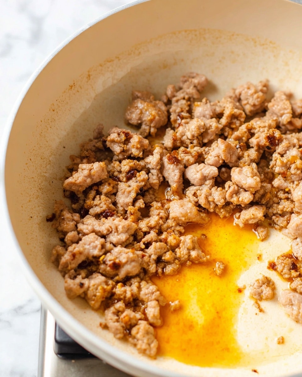 The image shows a close-up of browned ground meat cooking inside a white pot. The meat is broken into small, uneven chunks with a slightly crispy texture and light brown color. There is a pool of yellow-orange fat and juices collected on one side of the pot, adding a glossy and oily look. The pot’s inner surface is cream-colored with some browning and staining from cooking. The edges of the pot are visible, and the pot sits on a stove burner. The background surface is a white marbled texture. photo taken with an iphone --ar 4:5 --v 7