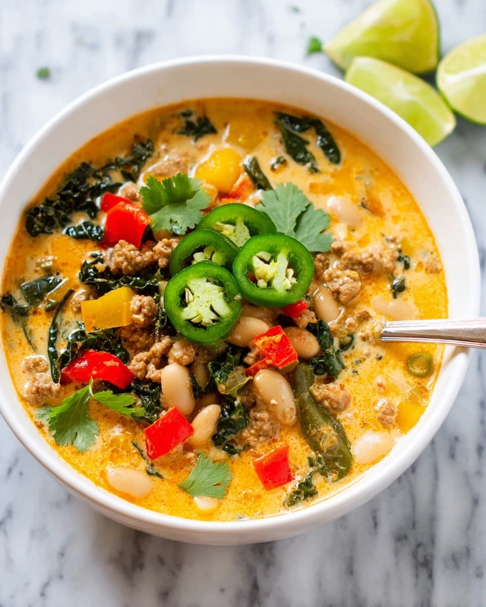 A white bowl filled with a thick yellow-orange creamy soup, layered with small white beans, green leafy vegetables, diced yellow and red bell peppers, and small pieces of cooked ground meat. On top, there are bright green sliced jalapeños and sprigs of fresh cilantro scattered. The bowl is held by two woman's hands against a soft dark purple background on a white marbled surface. Photo taken with an iphone --ar 4:5 --v 7
