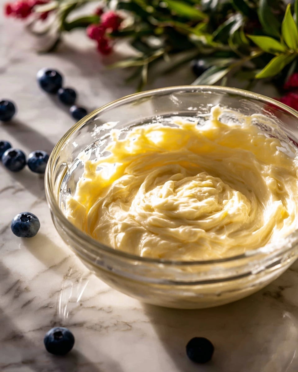 A clear glass bowl filled with a creamy, pale yellow mixture that shows smooth, thick swirls and soft peaks on the inside surface, placed on a white marbled surface. Around the bowl, there are a few scattered deep blue blueberries and a bunch of green leaves with some red flowers visible in the background. The lighting creates warm shadows and highlights the texture of the mixture and the shiny glass bowl. photo taken with an iphone --ar 4:5 --v 7