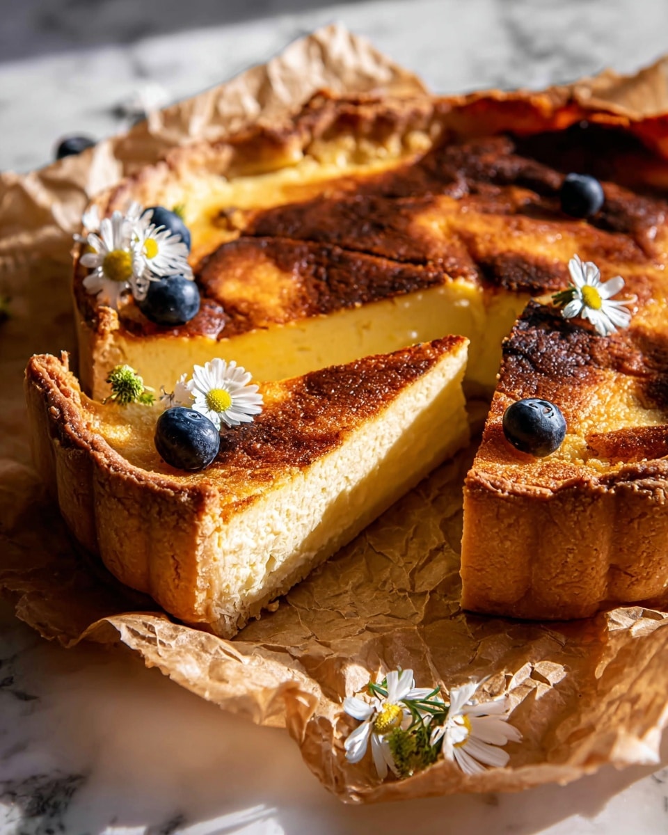 The image shows a thick, creamy tart with a golden brown, slightly burnt top that is textured with small cracks. The tart has a thick crust that is golden and flaky, forming a sturdy wall around the soft filling. It is cut into slices, with one slice slightly pulled out to display the smooth, yellow center underneath the darker top. Small blueberries and delicate white daisy flowers are placed on top of the tart slices and around the base, adding fresh, natural colors and charm. The tart rests on crinkled brown parchment paper, placed on a white marbled surface, with soft natural light casting gentle shadows. Photo taken with an iphone --ar 4:5 --v 7