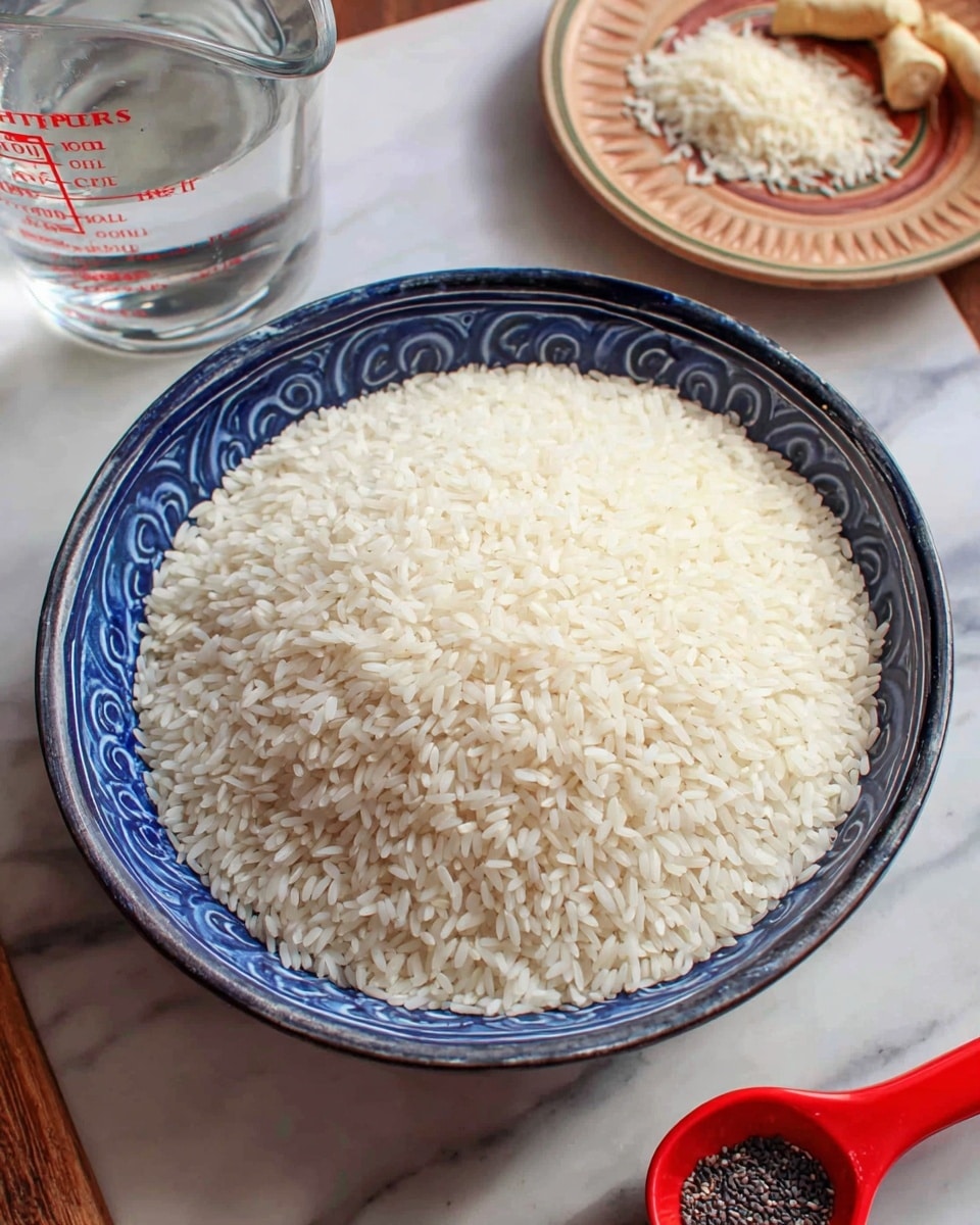 A deep white bowl filled with small, uncooked white rice grains drawn up evenly in a mound. The bowl has a dark blue swirl pattern along its inner sides. The setup sits on a white marbled surface with a clear glass measuring cup showing water and red letters partially visible behind the bowl. To the right, there is a small brown plate holding fresher light beige root pieces and a red measuring spoon with a small amount of black seeds. Photo taken with an iphone --ar 4:5 --v 7