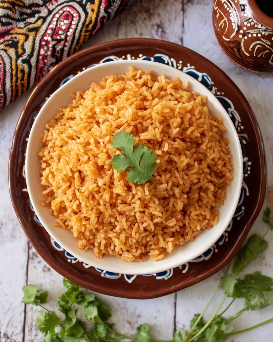 A white bowl filled with a single layer of orange-colored cooked rice with small textured grains, topped in the center with a small bright green cilantro leaf. The bowl sits on a white marbled surface with some fresh green cilantro sprigs scattered around, and a round brown spice container and a decorative brown pot partially visible in the background. Photo taken with an iphone --ar 4:5 --v 7