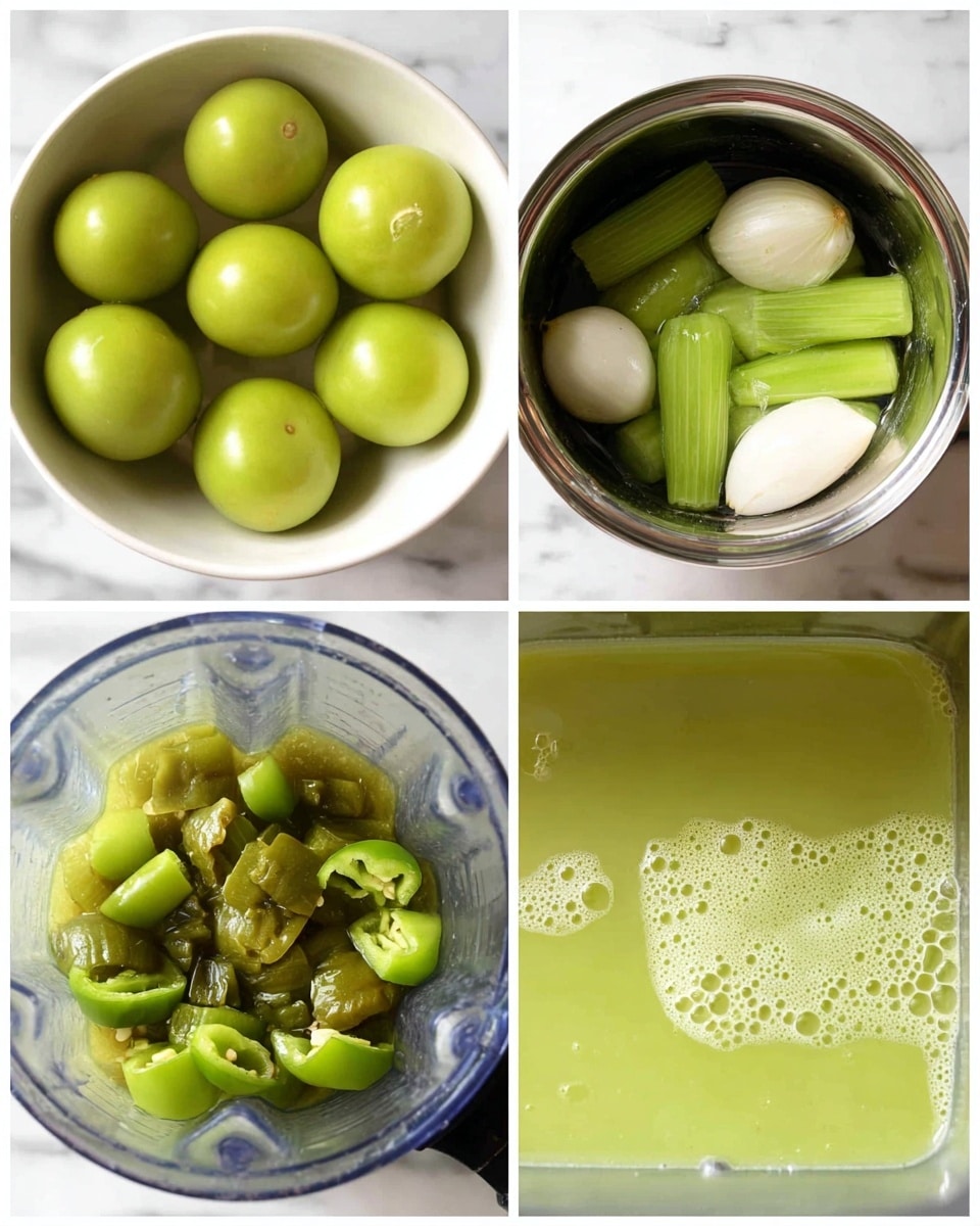 The image shows four stages of making a green sauce. The first part has a white bowl filled with fresh, round, bright green tomatoes with smooth skin. The second part shows a shiny metal pot filled with water, green tomatoes, long green chilis, and a white onion being boiled. The third part shows a close-up top view inside a blender filled with cooked green tomatoes, green chilis, and white onion pieces. The fourth part shows the blender now filled with a light green, smooth liquid sauce with small bubbles on the surface. All images have a white marbled texture background. photo taken with an iphone --ar 4:5 --v 7