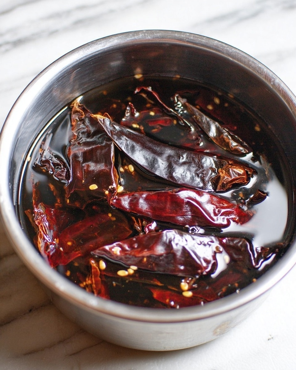 The image shows a metal pot filled with water and large dark red, almost black, dried chili peppers soaking inside. The chilies float and submerge unevenly, with some having shiny, wrinkled surfaces and a few visible light brown seeds scattered in the water, creating a textured look. The liquid is clear, showing the chilies' varying shades of red and brown with some parts glossy and others matte. The pot is set against a white marbled surface, and the focus is on the rich colors and wet texture of the chilies and water. Photo taken with an iphone --ar 4:5 --v 7