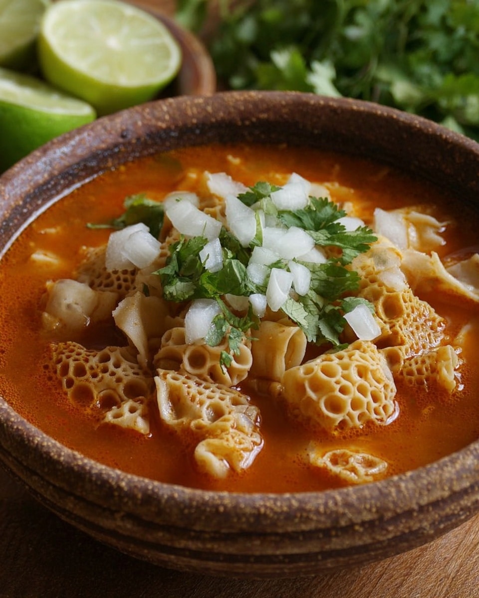 A close-up of a rough textured brown bowl filled with a rich orange-red soup. The soup has layers of chunky tripe pieces showing a pale, whitish color with a unique honeycomb texture, sitting within the thick broth. On top of the soup layer, there are medium-sized white onion pieces scattered in the center and some fresh green cilantro leaves placed in the middle. A bright green lime half is placed inside the bowl at the back, adding a fresh color contrast. The bowl sits on a wooden surface with blurred fresh lime pieces and greens in the background. photo taken with an iphone --ar 4:5 --v 7