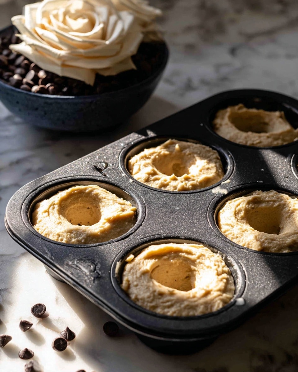 A close-up image of a black donut pan filled with light tan dough, each donut well showing a thick, creamy batter spread evenly around the center tube, with a slightly rough texture. The pan sits on a white marble surface scattered with some chocolate chips nearby. In the background, there is a dark blue bowl filled with chocolate chips topped with a large, pale cream-colored rose, creating a soft contrast with the batter and adding an elegant touch. The lighting casts soft shadows and highlights the texture of the dough and chocolate chips. Photo taken with an iphone --ar 4:5 --v 7