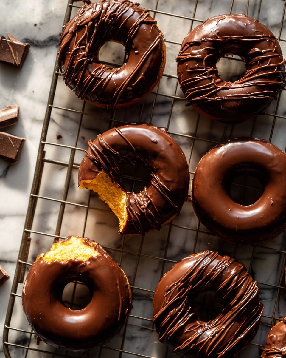The image shows nine round chocolate-glazed donuts placed on a dark metal cooling rack over a white marbled surface. Each donut has a smooth, shiny, dark brown chocolate layer covering the top, with some having thin lines of lighter chocolate drizzled over them. One donut in the bottom left corner is partially eaten, revealing a soft, light-colored interior beneath the chocolate layer. Small chocolate shavings are piled on the left side of the rack. The lighting creates strong shadows and highlights the glossy texture of the chocolate glaze. photo taken with an iphone --ar 4:5 --v 7