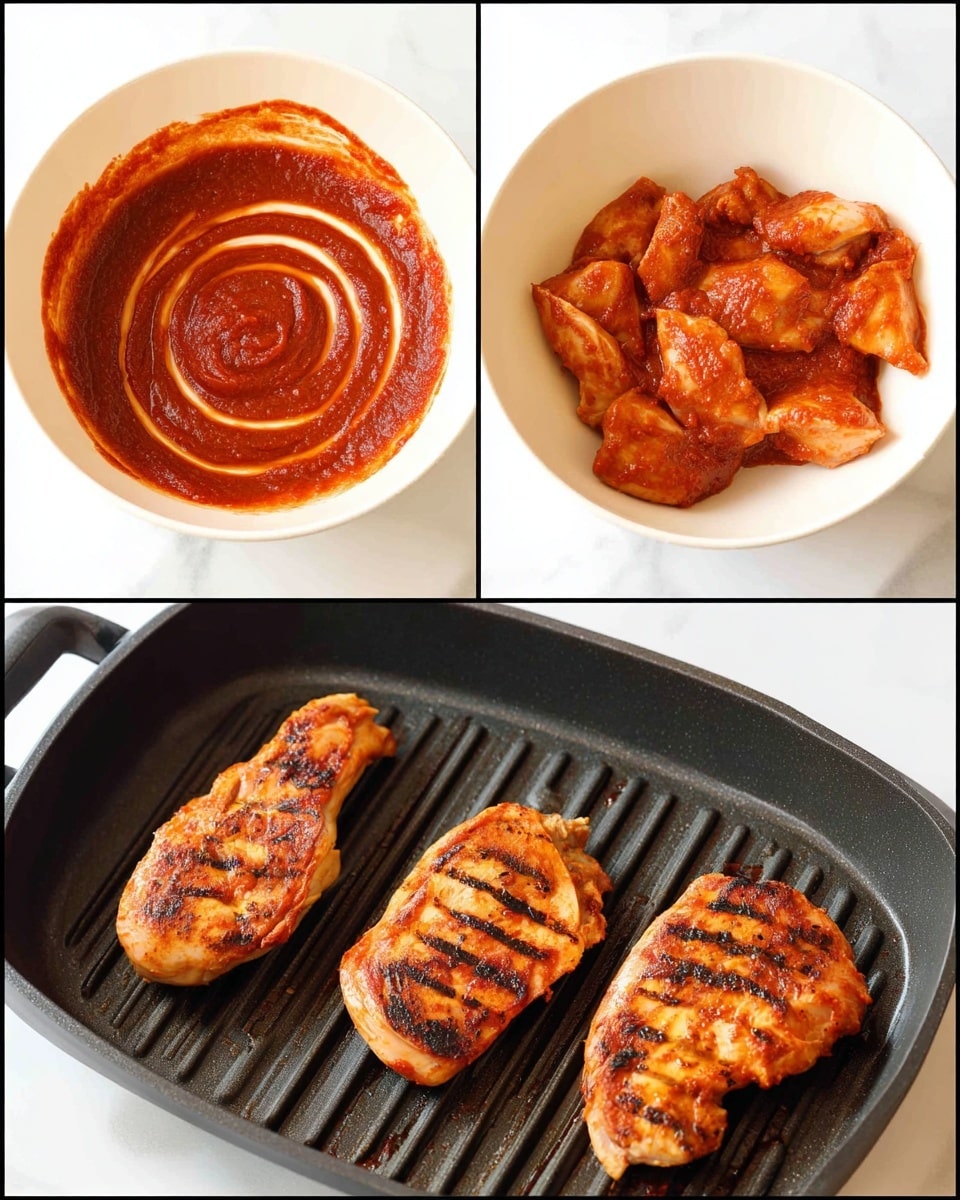 A white bowl with a thick red sauce spread in a spiral shape at the base fills the first image. The next image shows the same white bowl filled with raw chicken pieces coated evenly in the red sauce. Below, two raw chicken pieces with a red-orange color lie side by side on a black grill pan with raised ridges. The last image shows the same chicken pieces now cooked with a golden-brown grilled look and darker char marks along the grill lines, resting in the black grill pan. The background throughout is a white marbled texture photo taken with an iphone --ar 4:5 --v 7