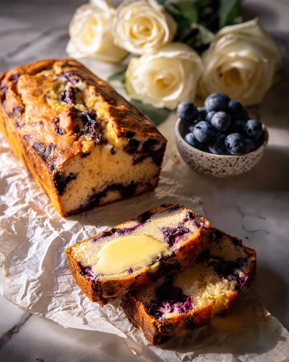 The image shows a loaf of blueberry bread with a golden brown crust and purple blueberry spots throughout. The loaf is partially sliced, with two pieces in front. The first sliced piece has a light yellow melted butter spread on top, showing a soft, moist texture inside with dark blueberry bits. The bread rests on lightly crumpled parchment paper placed on a white marbled surface. Next to the bread, a small white bowl holds fresh blueberries and a white rose, with more white roses lying behind it, creating a gentle, natural arrangement. The warm light casts soft shadows, highlighting the texture and colors of the bread and flowers photo taken with an iphone --ar 4:5 --v 7