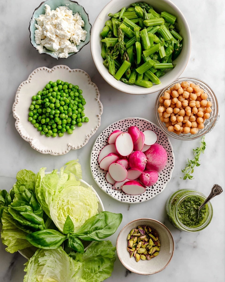 The image shows several fresh ingredients arranged on a white marbled surface. At the top center, there is a white bowl filled with bright green chopped asparagus pieces. Below it to the left is a white scalloped plate with fresh green peas. Near the right side, a small round bowl contains thinly sliced radishes with white centers and red edges, while next to it stands a small white bowl filled with light brown roasted chickpeas. To the left, slices of watermelon radish with pink centers and white edges rest on a small white plate with a dark dotted rim. Below, a bunch of fresh green basil leaves and large light green lettuce leaves lie flat. A speckled ceramic bowl filled with crumbled white cheese sits at the bottom left. Lastly, near the top right, a jar of green herb sauce with a spoon inside and a tiny white bowl with roughly chopped pistachios are visible. photo taken with an iphone --ar 4:5 --v 7