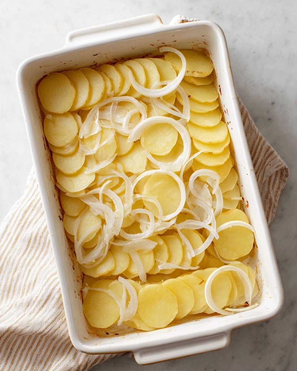 The image shows a white rectangular baking dish filled with one layer of thinly sliced potatoes that are light yellow with smooth edges, arranged evenly side by side to cover the bottom. On top of this potato layer are thin, translucent slices of white onions scattered randomly but not covering the entire potato surface. The baking dish rests on a white marbled surface, with a beige striped cloth nearby. Photo taken with an iphone --ar 4:5 --v 7