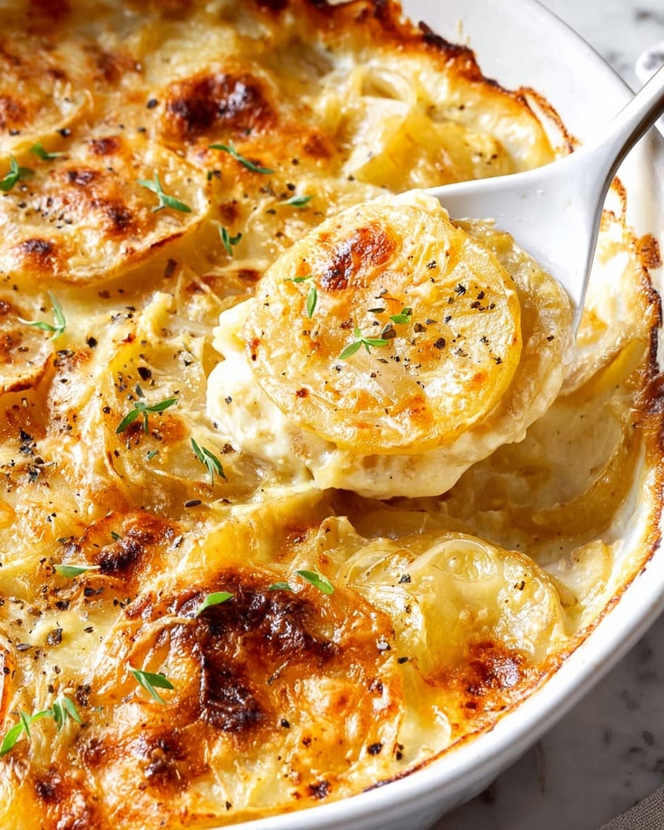 A white baking dish filled with a golden potato gratin, showing about five layers of thin potato slices soaked in creamy sauce. The top layer has a nicely browned, slightly crispy cheese crust with some small green herb leaves scattered on top. A white spoon lifts a portion from the corner, revealing soft, creamy potato layers inside with a few strands of cooked onions visible. The dish is placed on a white marbled surface with a light-colored cloth in the background. Photo taken with an iphone --ar 4:5 --v 7