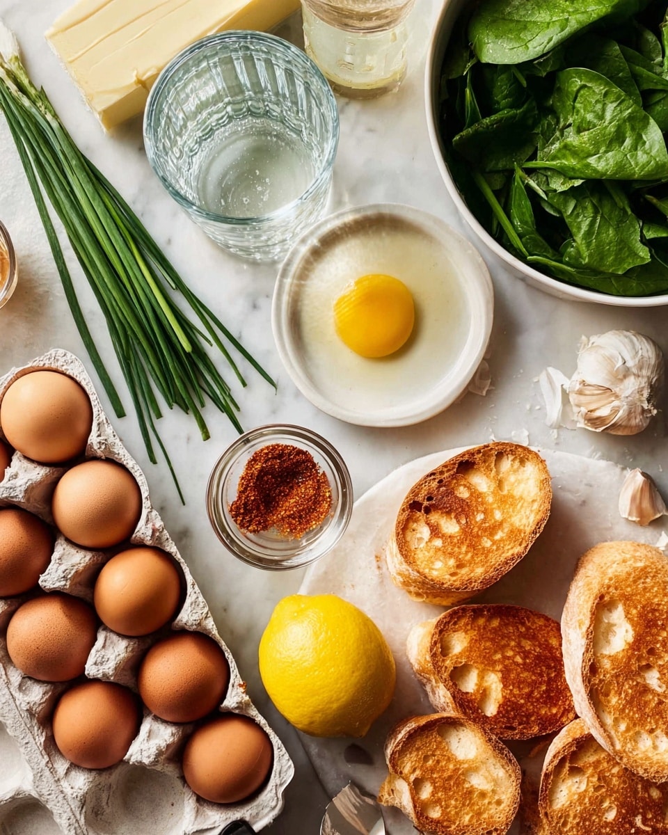 The image shows a white marbled surface with fresh ingredients for cooking. In the bottom right, there is a carton of eight brown eggs, next to a bunch of green chives on the left. A bright yellow lemon sits near the middle, with a small round glass bowl of reddish spice and a small dollop of yellow mustard on a white round plate nearby. To the top right, there is a white bowl full of fresh green spinach leaves. Near the center are four halves of toasted bread rolls with golden brown tops, layered around each other. In the top left corner, there is a clear glass of sparkling water, a stick of butter in yellow paper, and a few garlic cloves. Photo taken with an iphone --ar 4:5 --v 7