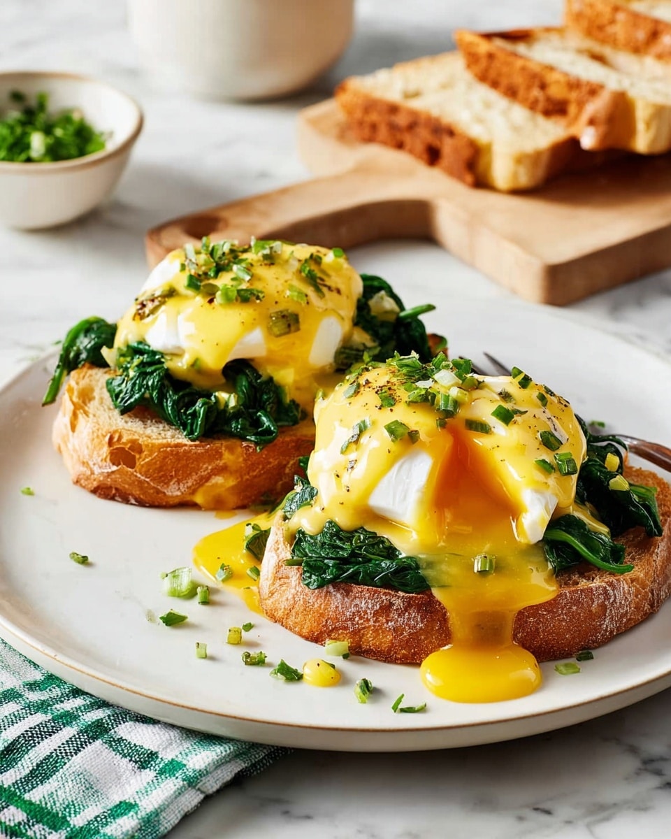 Two servings of eggs Benedict are shown on a white plate placed on a white marbled surface. Each serving has layers starting with a thick, golden-brown toasted English muffin at the bottom. On top of the muffins is a layer of bright green cooked spinach, holding a smooth white poached egg. The eggs are covered with a shiny, yellow hollandaise sauce that drips down the sides. One egg has a rich golden yolk flowing out. Small pieces of chopped green chives are sprinkled on top of the sauce and plate. In the background, there are slices of toasted bread on a light wooden board with a small white bowl of more chopped chives and a wooden pepper grinder. A green and white checkered cloth is partly seen under the plate. Photo taken with an iphone --ar 4:5 --v 7