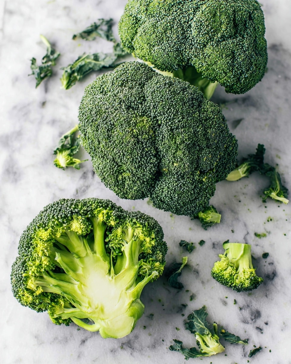The image shows three fresh broccoli heads on a white marbled surface. Two of the broccoli are whole and green with a rough, bumpy texture of florets on top, while the third broccoli is cut in half, exposing its light green thick stems and inner branches. Small broccoli leaves and tiny pieces are scattered around. The colors vary from deep green on the florets to light green on the stems. The overall look is fresh and natural. Photo taken with an iphone --ar 4:5 --v 7