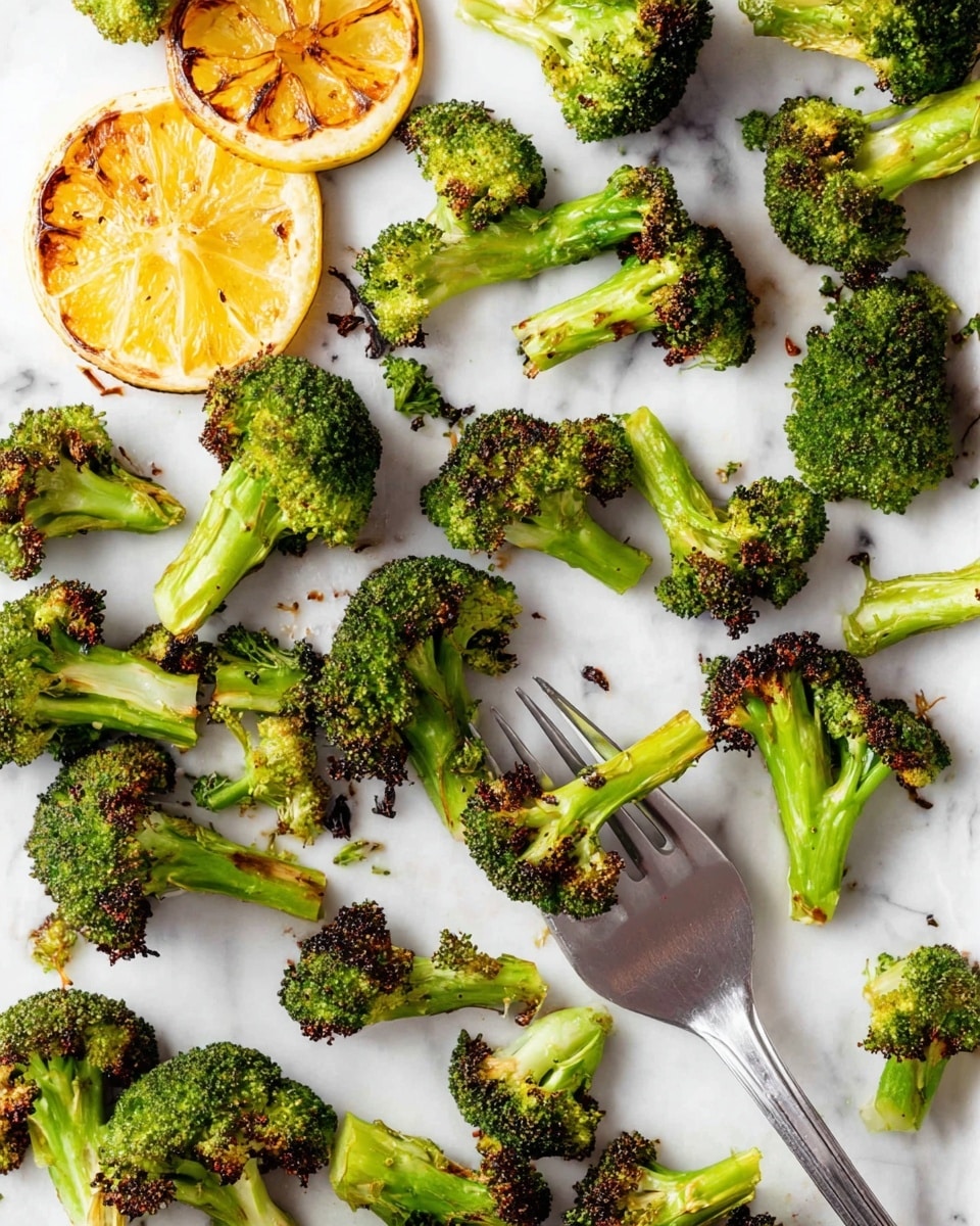 A metal baking tray lined with white parchment paper holds about 20 small roasted broccoli florets with lightly charred edges, evenly spread out. On the top left side of the tray are two halves of a slightly charred yellow lemon showing the inside. A vintage silver fork rests on the bottom right section of the tray, with its prongs touching a broccoli piece. The tray is placed on a white marbled surface with scattered small bowls and containers around, including a small bowl with red pepper flakes, a jar of oil, a wooden pepper grinder, and a pale blue-gray cloth nearby. Photo taken with an iphone --ar 4:5 --v 7