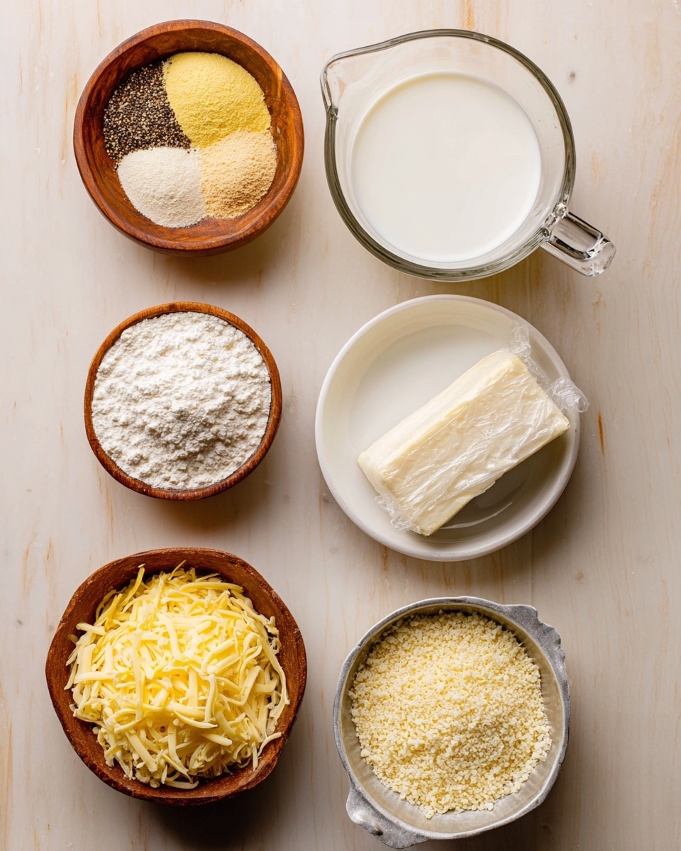 The image shows six small dishes and one clear glass measuring cup arranged neatly on a white marbled surface. Starting from the top left, there is a small wooden bowl with four types of spice powders in separate sections: black pepper, yellow powder, light beige powder, and white powder. Next to it in the middle is a clear glass measuring cup filled with white liquid, likely milk or cream. To the right of that is a white bowl holding a small wrapped yellow butter block. Below the spices, there is a white bowl filled with white flour. Below the measuring cup, there is a white bowl with a block of white cream cheese or soft cheese. Underneath the flour bowl, there is a white bowl filled with shredded yellow cheese. Finally, on the bottom right, there is a shallow white metal container holding light beige breadcrumbs. The edges of each bowl and the textures of powders, shredded cheese, and cream cheese are clearly visible. Photo taken with an iphone --ar 4:5 --v 7
