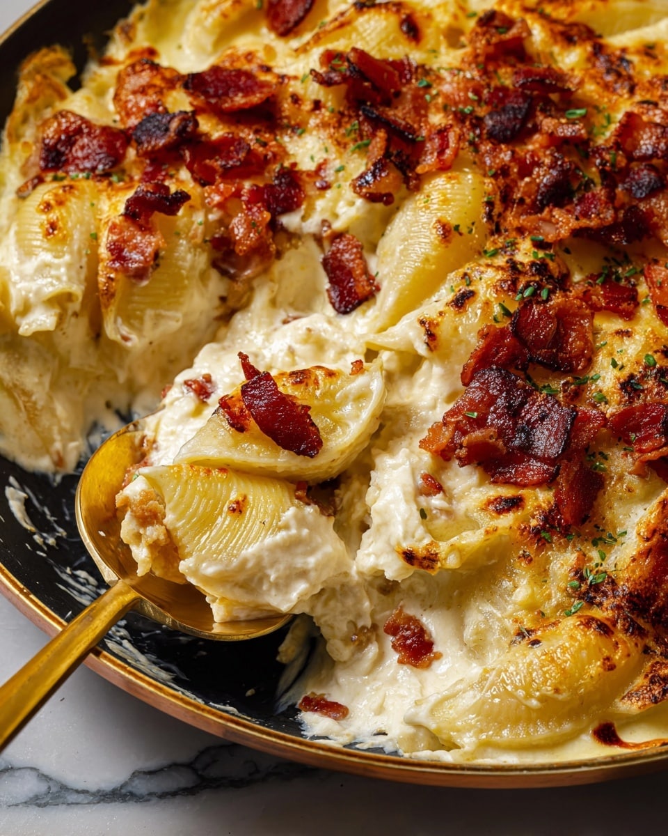 The image shows a round green pan filled with baked pasta shells layered in creamy white cheese sauce with golden brown melted cheese on top. The center is garnished with scattered crispy dark red bacon pieces and a light sprinkle of herbs. Two golden spoons scoop a portion of the pasta from the right side. The pan rests on a wooden surface with garlic cloves and fresh green herbs nearby, and a white cloth is placed on the bottom right. photo taken with an iphone --ar 4:5 --v 7