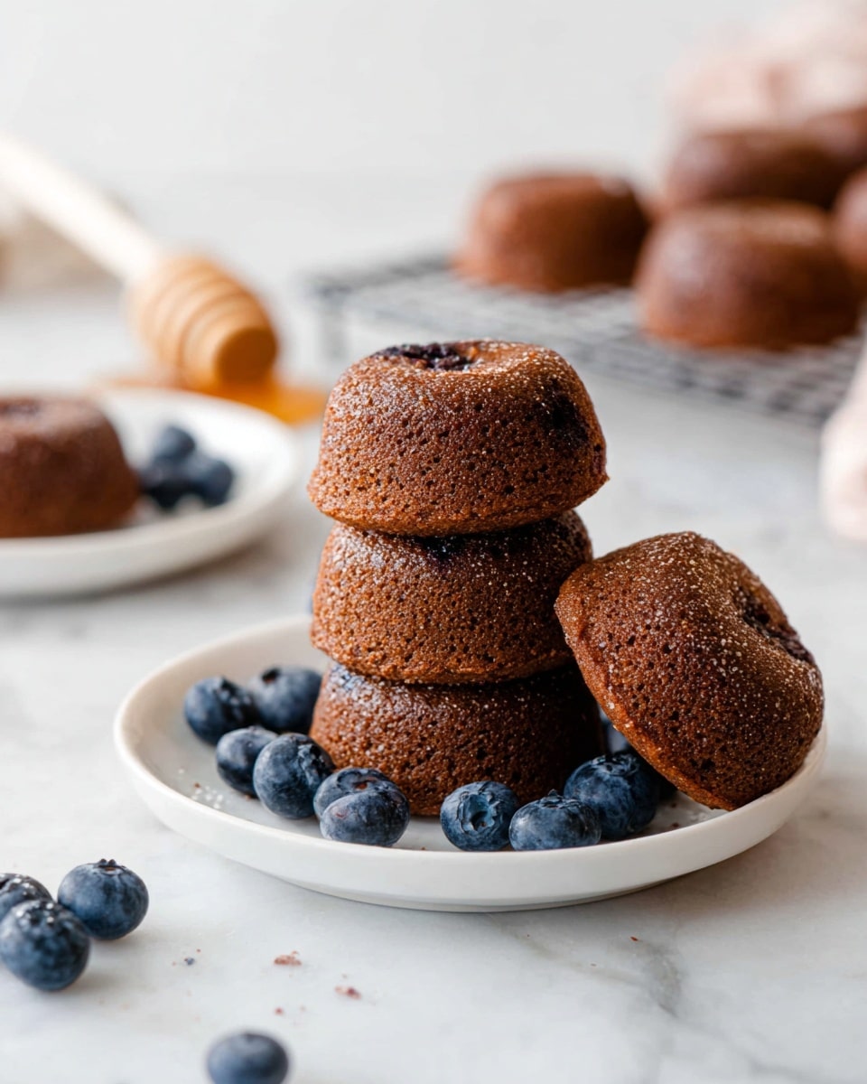 Six golden brown muffins with a slightly crunchy top texture are placed on a silver cooling rack on a white marbled surface. Three muffins have a small white pat of melting butter on top. Fresh blueberries are scattered around the rack, adding dark blue pops of color. To the right, part of a white bowl with syrup is visible. The scene has a warm and inviting feel with a mix of soft and crunchy textures. photo taken with an iphone --ar 4:5 --v 7