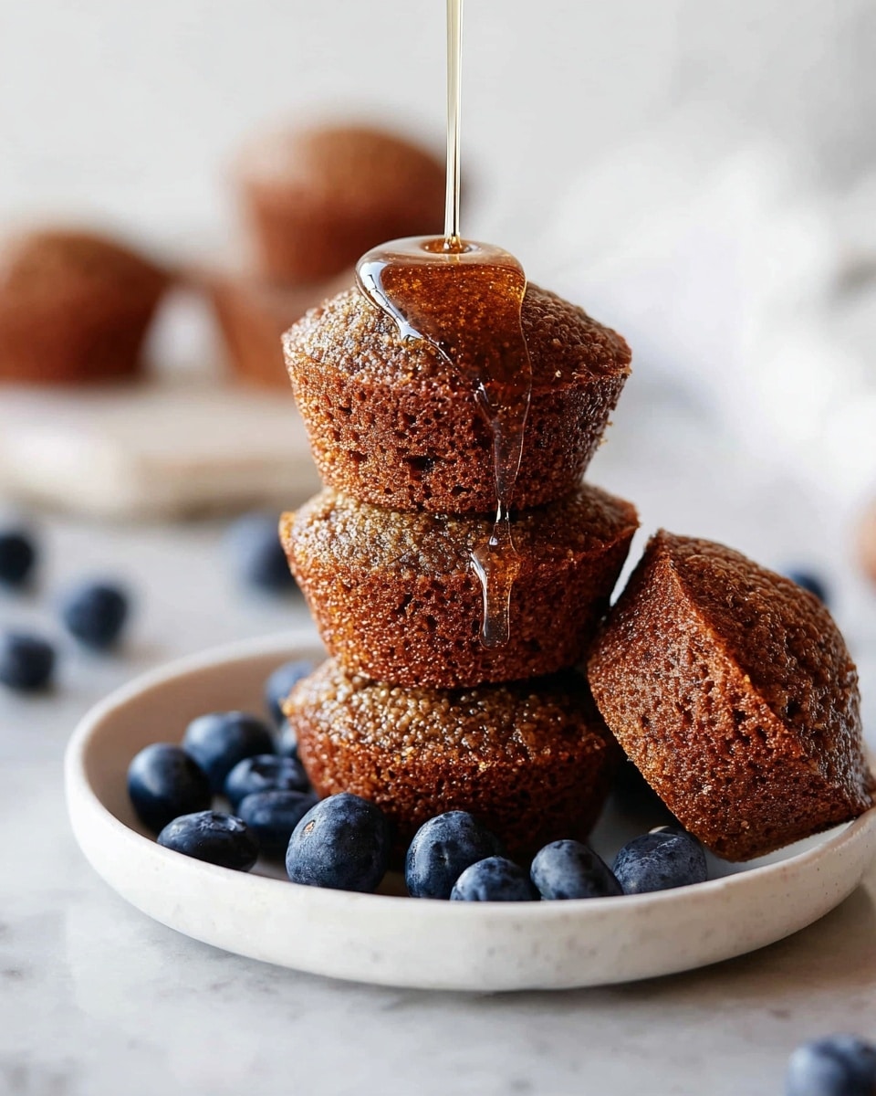 Four small, round brown cakes with a soft and slightly shiny texture are stacked on a white plate, three cakes forming a base and one resting on the side leaning against the stack; fresh blue blueberries are scattered around the cakes on the plate and the white marbled surface below. In the blurred background, more cakes are seen cooling on a wire rack and another white plate stack holds a single cake, with a wooden honey dipper resting on the plates. The scene is bright and clean, with a soft focus on the details. photo taken with an iphone --ar 4:5 --v 7