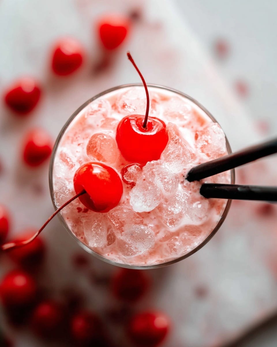 A close-up top view of a pink creamy drink with scattered crushed ice on top, two bright red cherries with stems resting on the ice near two black straws placed to the right side of the glass, all set against a white marbled surface with blurred red cherries in the background, photo taken with an iphone --ar 4:5 --v 7