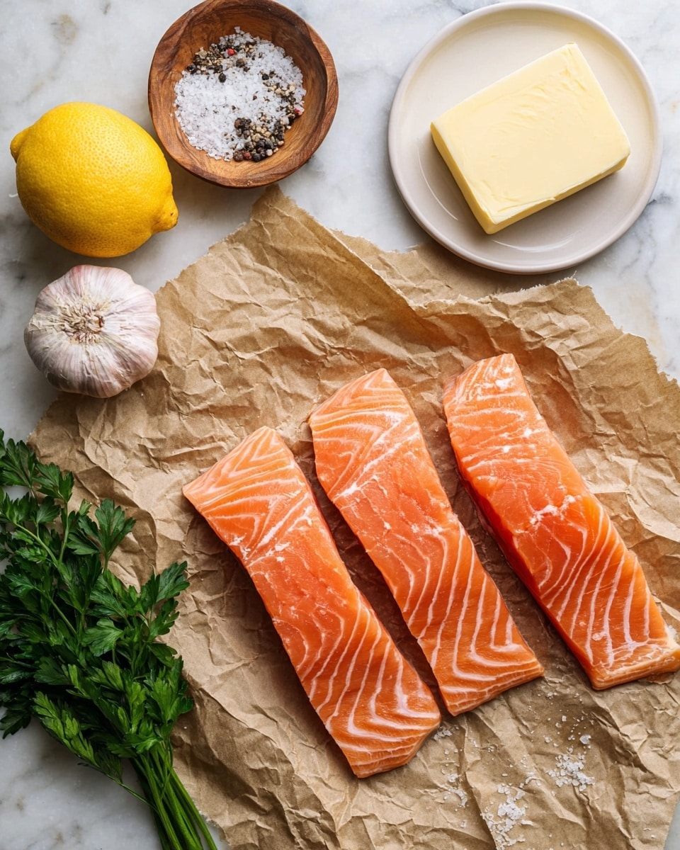 Four raw salmon fillets with bright orange color and white fat lines lie side by side on crinkled brown parchment paper. Above the salmon, a white round plate holds a pale yellow stick of butter. To the left of the salmon, there is a whole yellow lemon, a bulb of garlic with light purple stripes, a small bunch of green flat parsley leaves, and a small wooden bowl with coarse white salt and black pepper. All items are arranged on a white marbled surface. photo taken with an iphone --ar 4:5 --v 7