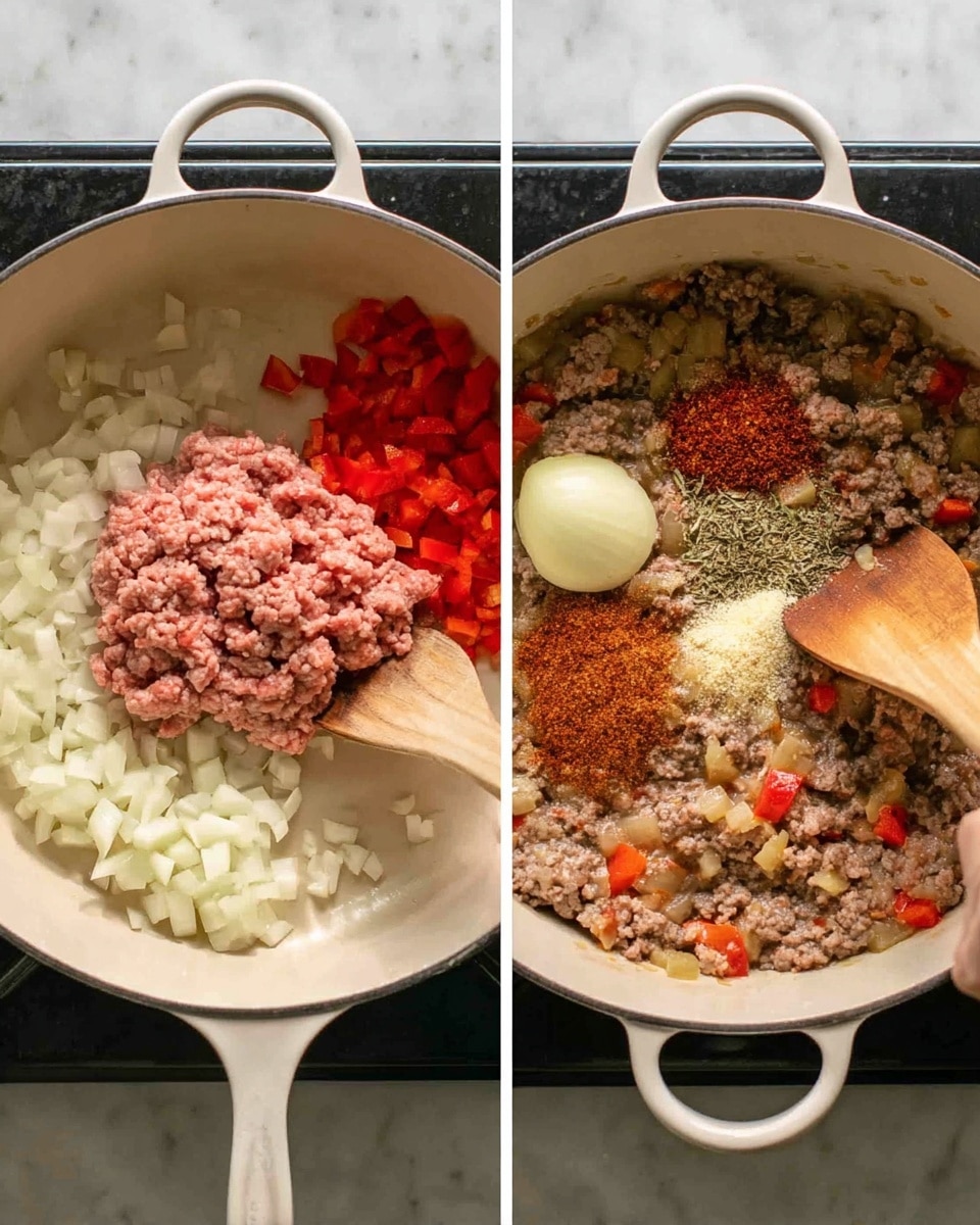 Two images side by side show cooking progress in a large white pot on a black stove with a white marbled surface. The first image has three main layers inside the pot: raw ground meat in a pinkish tone placed at the center, chopped white onions on the bottom right, and chopped red bell pepper pieces on the bottom left. A woman's hand holding a wooden spoon is stirring from the right side. The second image shows cooked ground meat mixed with softened onions and red bell peppers, giving a mostly brown color with red and white spots. On top of the cooked mixture, there are three piles of seasonings: minced garlic with a pale yellow color, a reddish-brown spice powder, and a dark red paste. The woman's hand continues to stir with the wooden spoon placed in the pot. Photo taken with an iphone --ar 4:5 --v 7