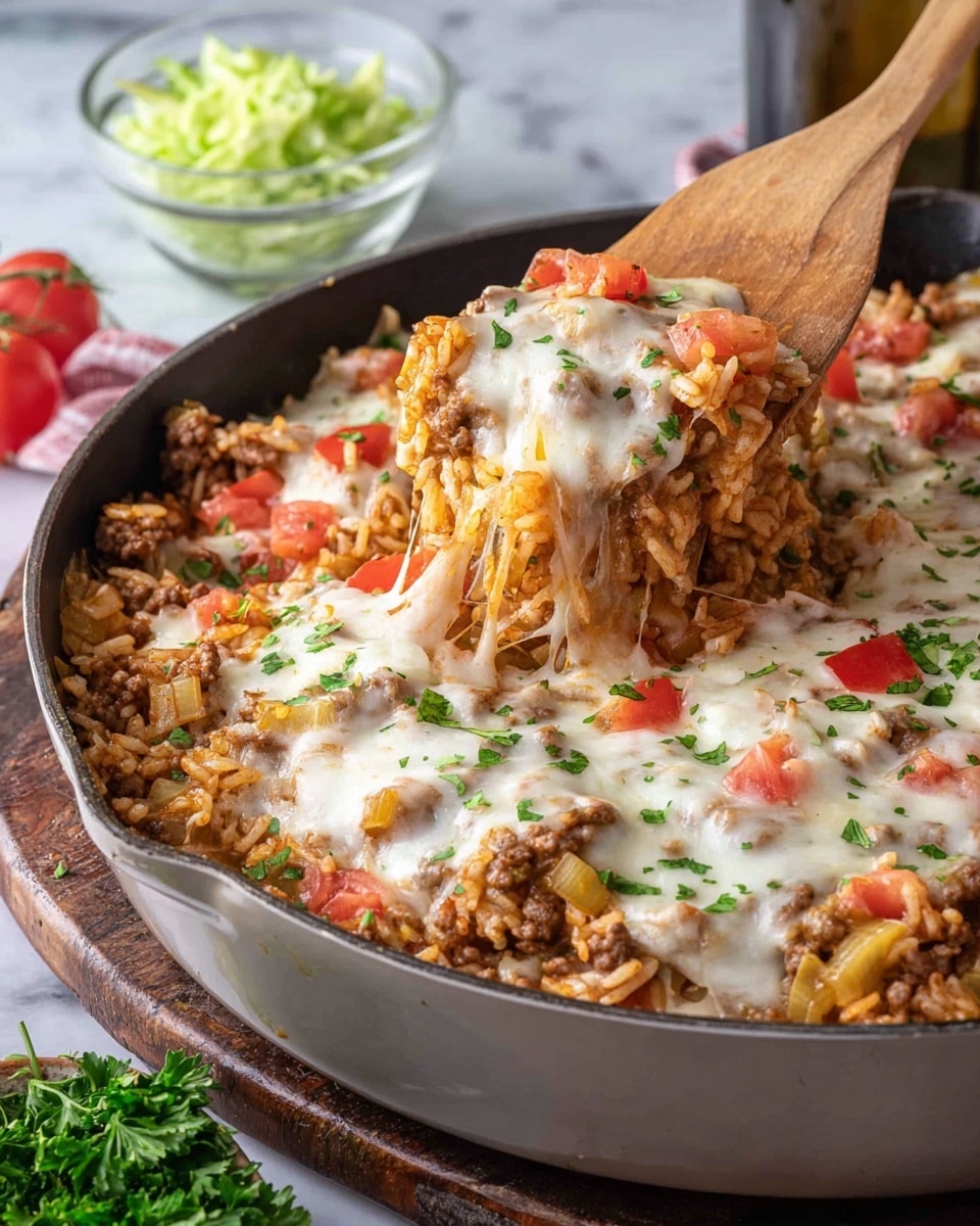 A close-up of a round cooking pan filled with a layered dish consisting of ground meat mixed with orange-brown cooked rice, small red tomato pieces, and light yellow cabbage pieces. The top layer is melted white cheese with some green parsley sprinkled over it. A wooden spatula scoops a portion from the pan, lifting a mix of all layers showing melted cheese stretching slightly. In the background, there is a small clear glass bowl with light green chopped cabbage on a dark wooden surface. The entire scene is set on a white marbled texture. photo taken with an iphone --ar 4:5 --v 7