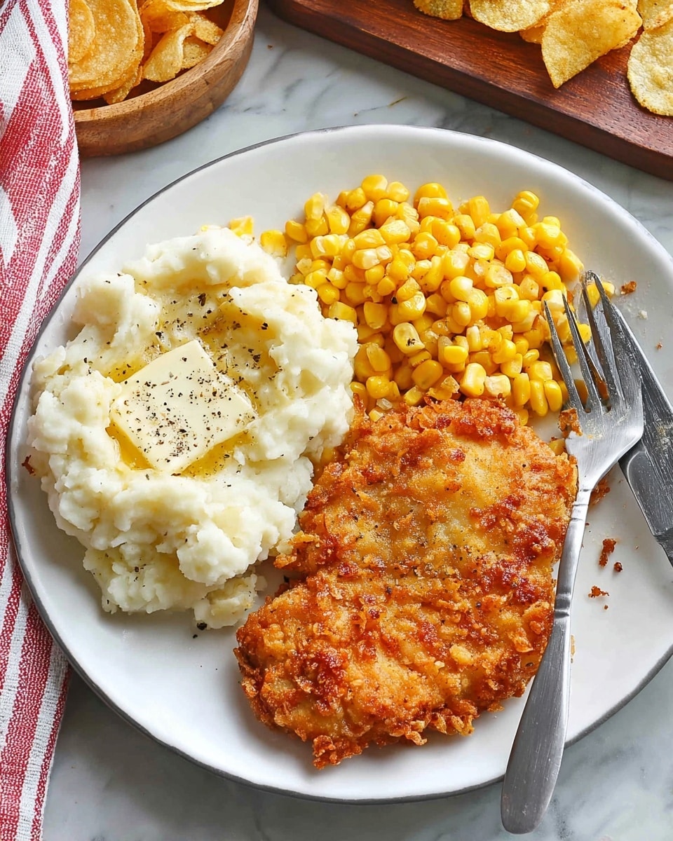 A white plate with three food sections: on the left, a creamy white mound of mashed potatoes with melted butter and black pepper on top; on the right side, a bright yellow pile of corn kernels with some black pepper; at the bottom, a golden brown, crispy, and crunchy coated piece of chicken. A silver fork and knife rest on the edge of the plate near the chicken. The plate sits on a white marbled surface with a red and white striped cloth nearby and a wooden board with potato chips in the background. Photo taken with an iphone --ar 4:5 --v 7