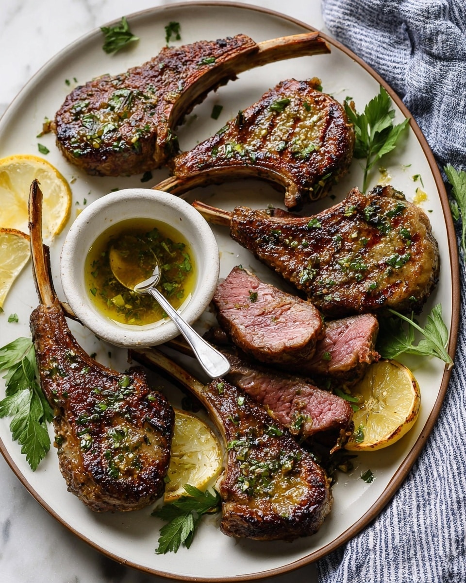 A white round plate with six nicely cooked lamb chops arranged in a loose circle, each chop showing a rich brown, slightly crispy outer layer with visible herbs and light oil glistening on top; bright green parsley leaves scattered around and under the meat add a fresh color contrast, along with small lemon wedges placed near the edges. In the center, there is a small off-white ceramic bowl filled with a dark sauce, with a silver spoon inside. The plate rests on a white marbled surface. Photo taken with an iphone --ar 4:5 --v 7