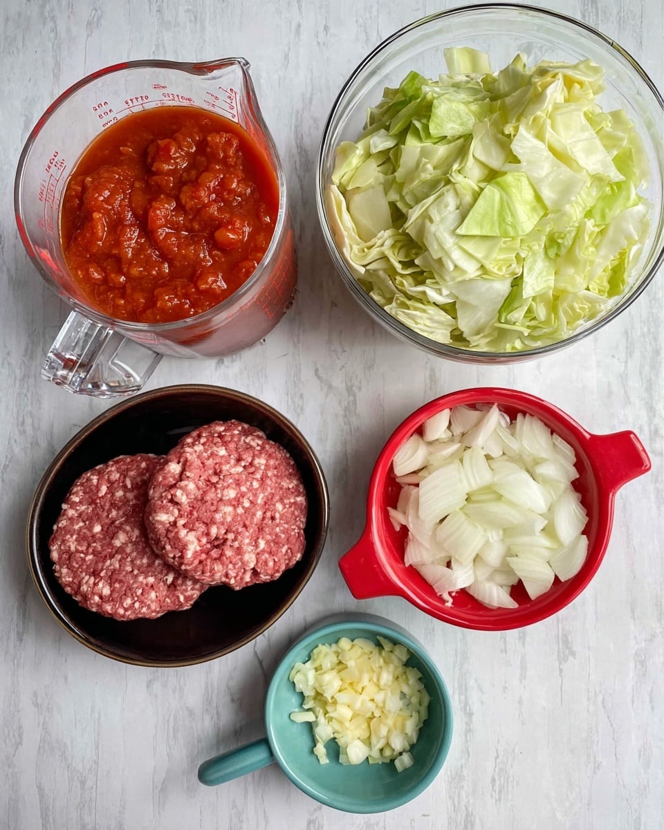 The image shows a black cooking pot filled with a stew-like dish made of roughly chopped cabbage leaves in pale green and white colors, chunks of minced beef in brown, and diced tomatoes in red, all mixed in a thin, bright red tomato-based sauce. The cabbage pieces float throughout, creating a layered texture with the beef and tomatoes scattered evenly. The sauce fills the spaces between the solid ingredients, making the dish look juicy and thick. The black pot contrasts with the vibrant colors of the stew, and the photo is taken on a white marbled surface. photo taken with an iphone --ar 4:5 --v 7