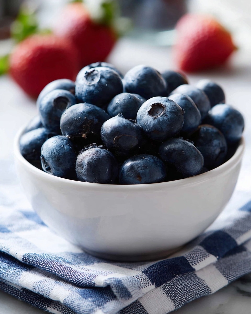 A white bowl filled fully with big, dark blue blueberries, showing their smooth and slightly shiny skins. The bowl sits on a cloth with a checked pattern in blue and white, placed on a white marbled surface. In the blurred background are some red strawberries adding a touch of color contrast. The focus is sharp on the blueberries in front, showing their round shapes and small crown-like tops. photo taken with an iphone --ar 4:5 --v 7