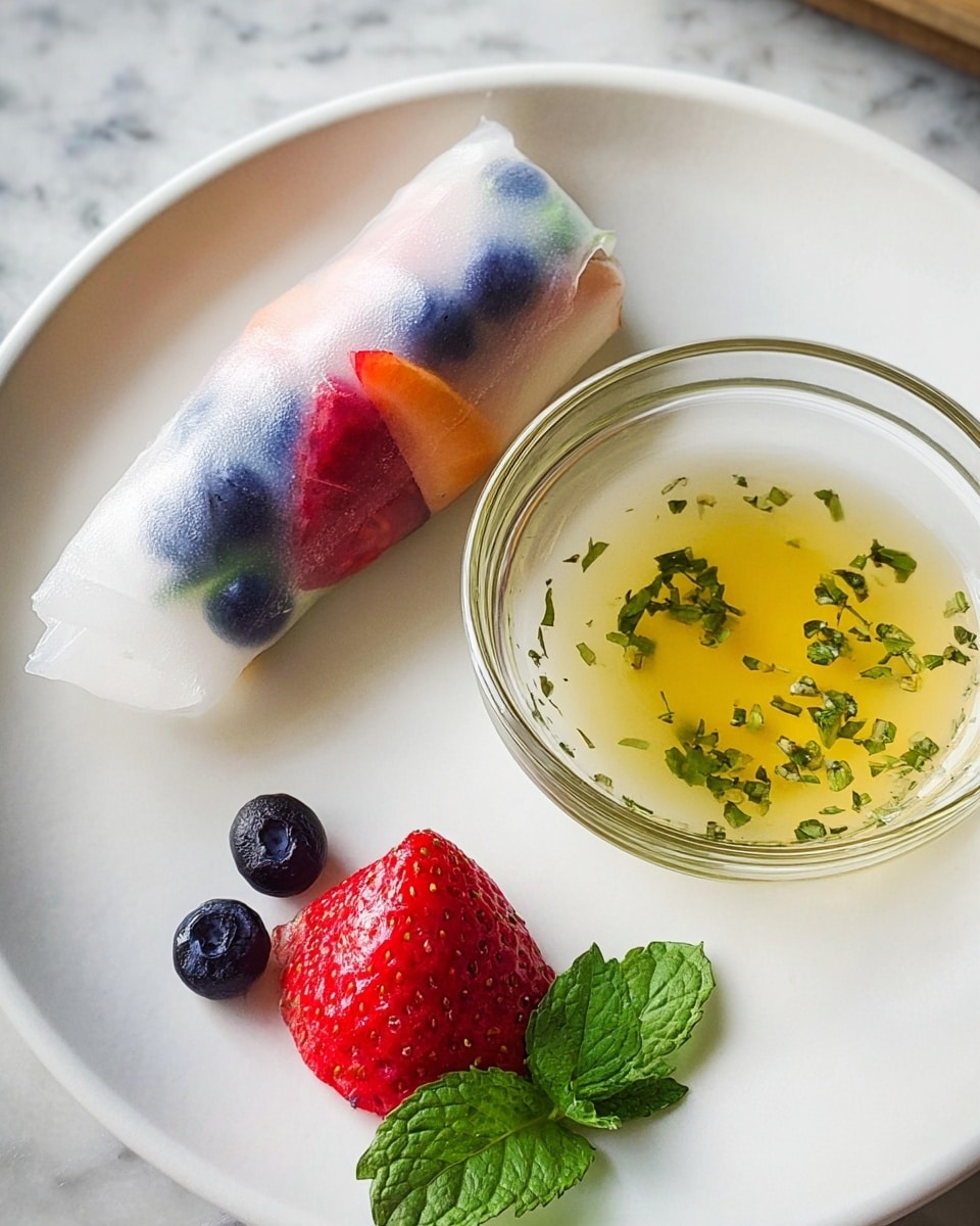 A single fresh spring roll wrapped in thin, translucent rice paper showing visible layers inside, including small chunks of dark blueberries, bright red strawberry pieces, and some light cream or nut color, placed on a white plate with a white marbled texture. To the left of the roll is a fresh strawberry half topped with several blueberries and a sprig of green mint leaves. Above this fruit cluster is a small clear glass bowl filled with light yellow-green liquid garnished with chopped green herbs. The scene is bright and fresh, with soft natural lighting. Photo taken with an iphone --ar 4:5 --v 7
